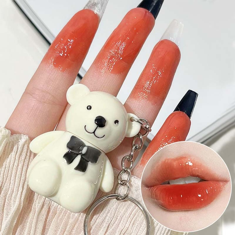 Keychain Mirror Lip Gloss Cute Bear Jelly Liquid Lipstick