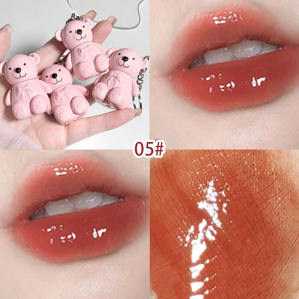 Keychain Mirror Lip Gloss Cute Bear Jelly Liquid Lipstick