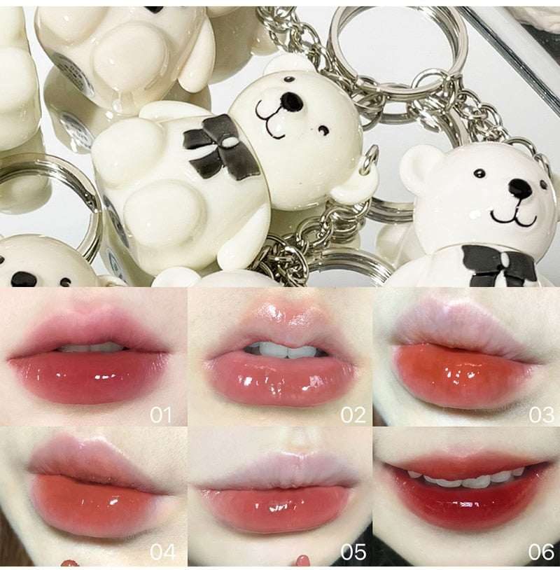 Keychain Mirror Lip Gloss Cute Bear Jelly Liquid Lipstick